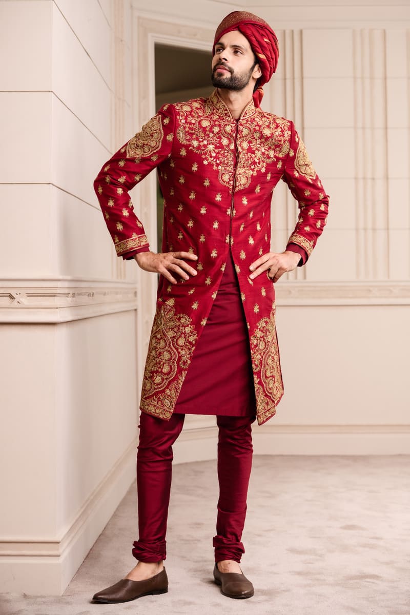 Maroon all over Embroidered Sherwani