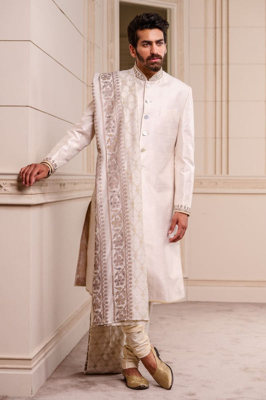 Ivory Classic Silk Sherwani paired with Stole