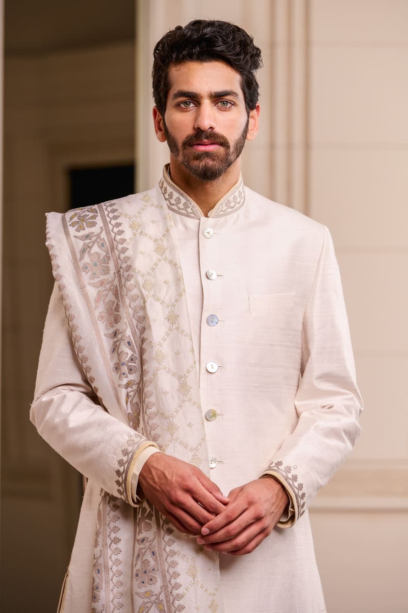 Ivory Classic Silk Sherwani paired with Stole