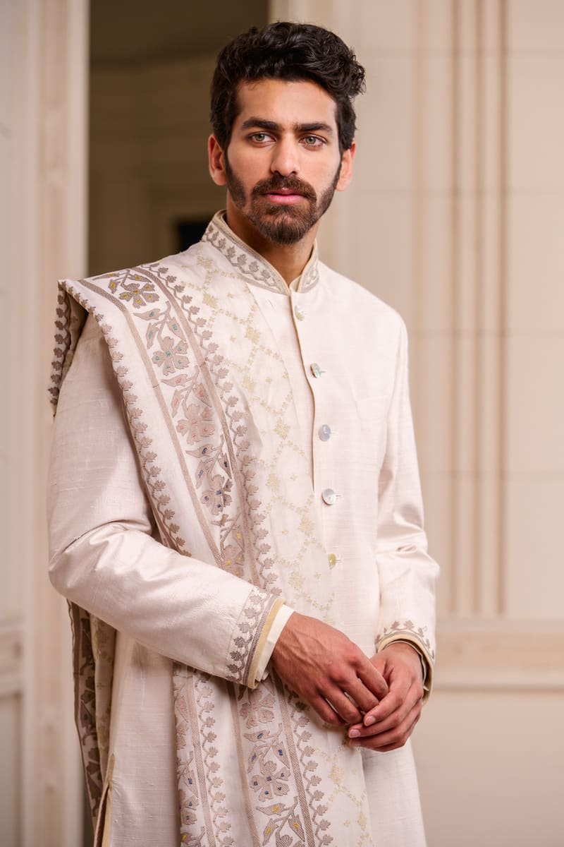 Ivory Classic Silk Sherwani paired with Stole