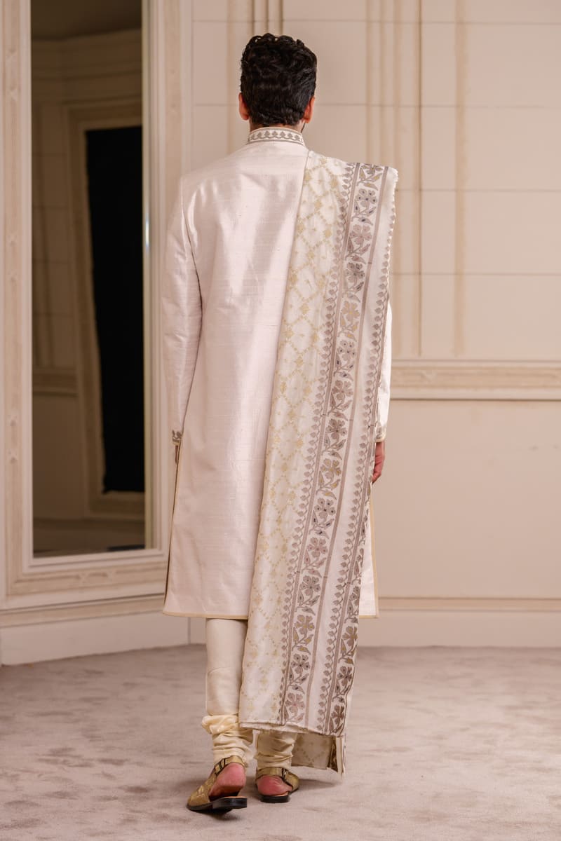 Ivory Classic Silk Sherwani paired with Stole
