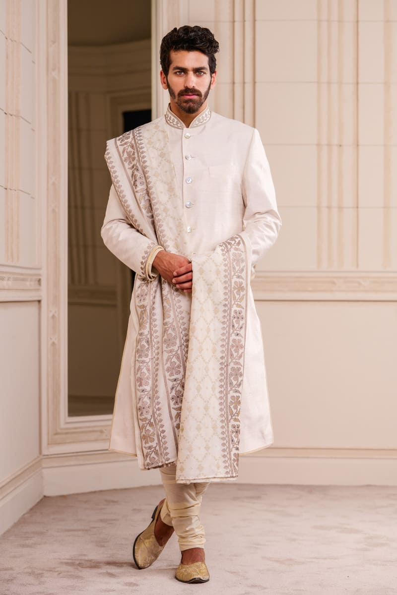 Ivory Classic Silk Sherwani paired with Stole
