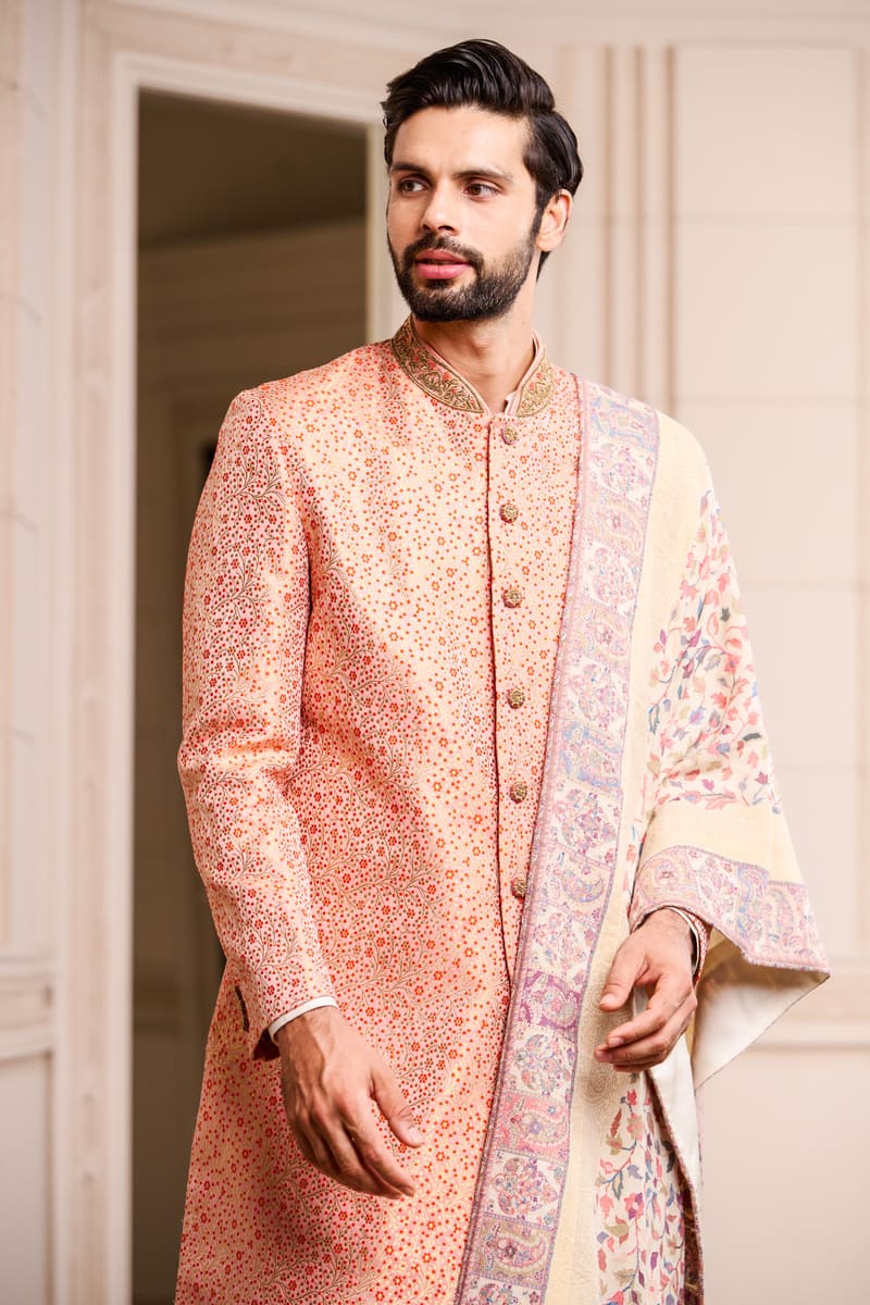 Peach Brocade Sherwani