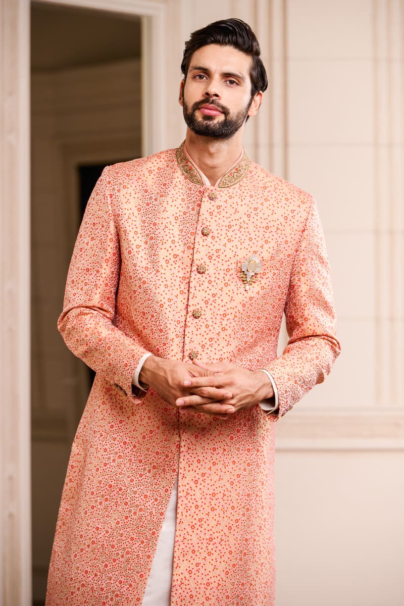 Peach Brocade Sherwani