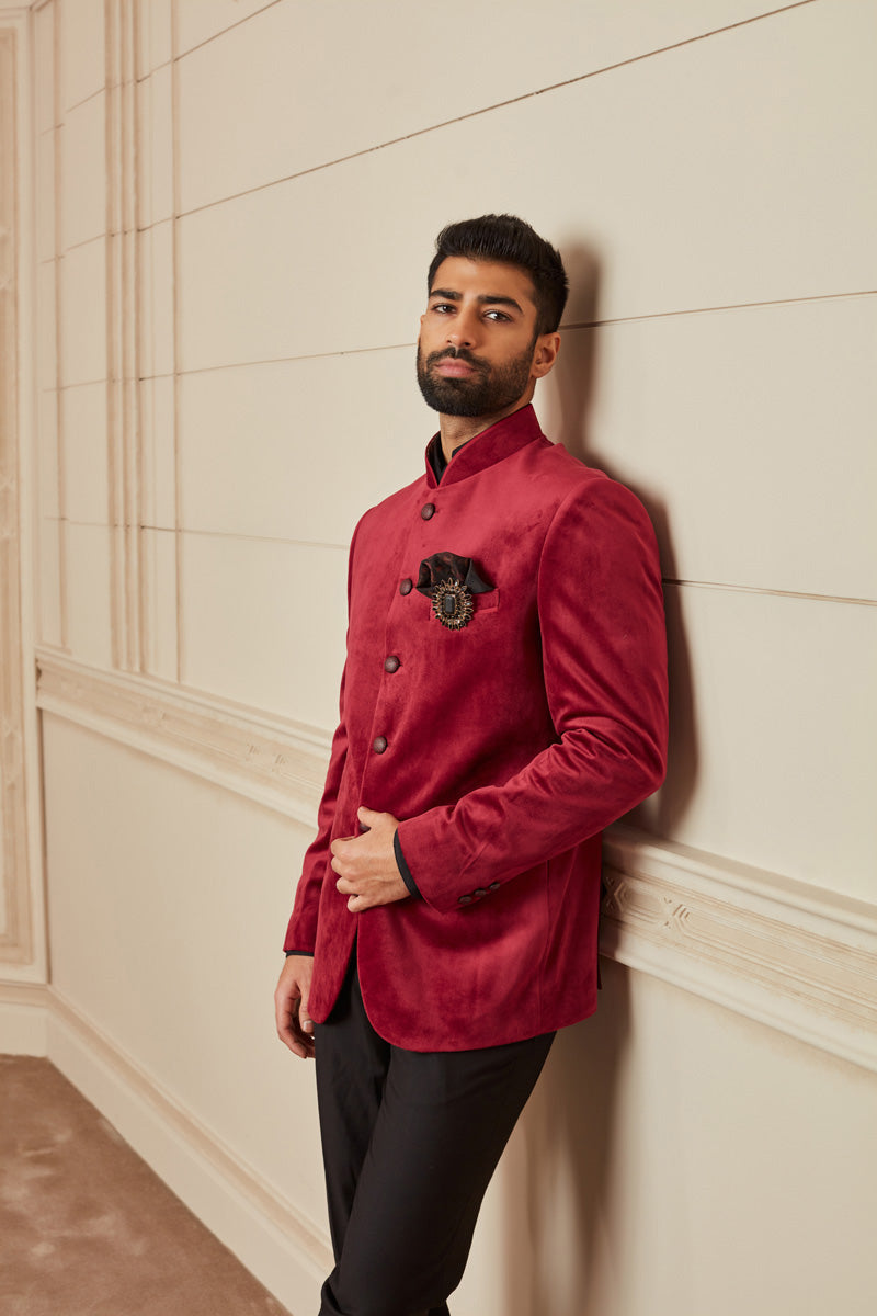 Velvet Kantha Stitch Bandhgala