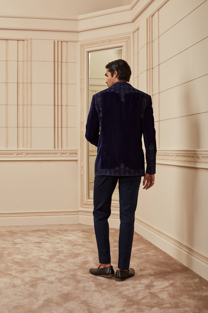 Navy Velvet Embroidered Bandhgala