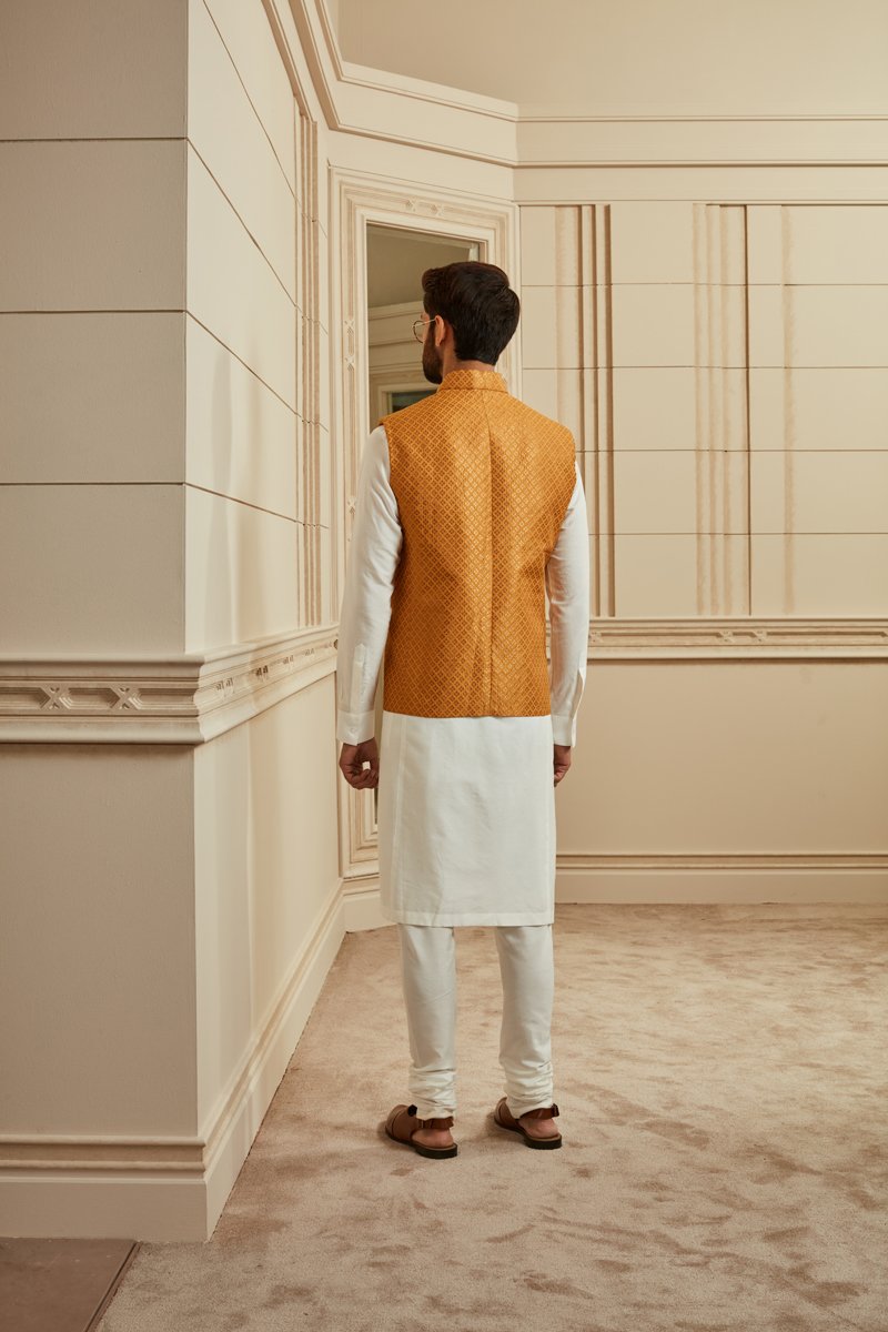 Orange Brocade Kurta Bundi Set