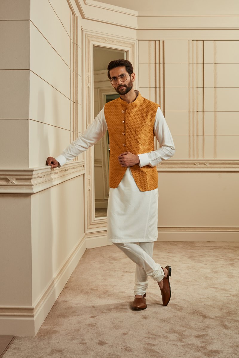 Orange Brocade Kurta Bundi Set