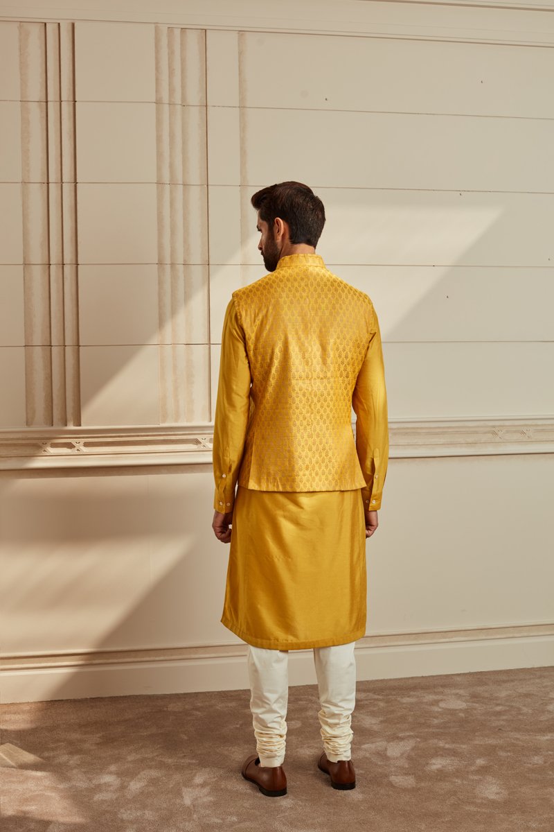Mustard Brocade Kurta Bundi Set