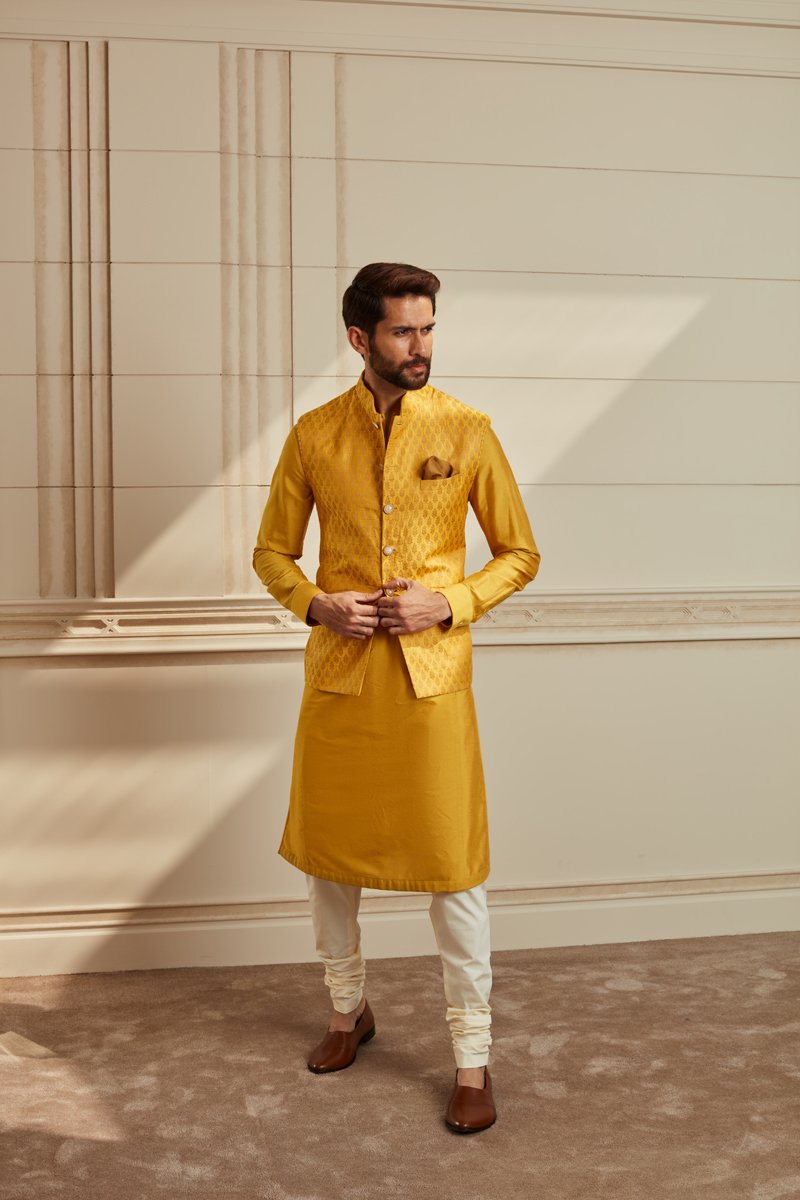 Mustard Brocade Kurta Bundi Set