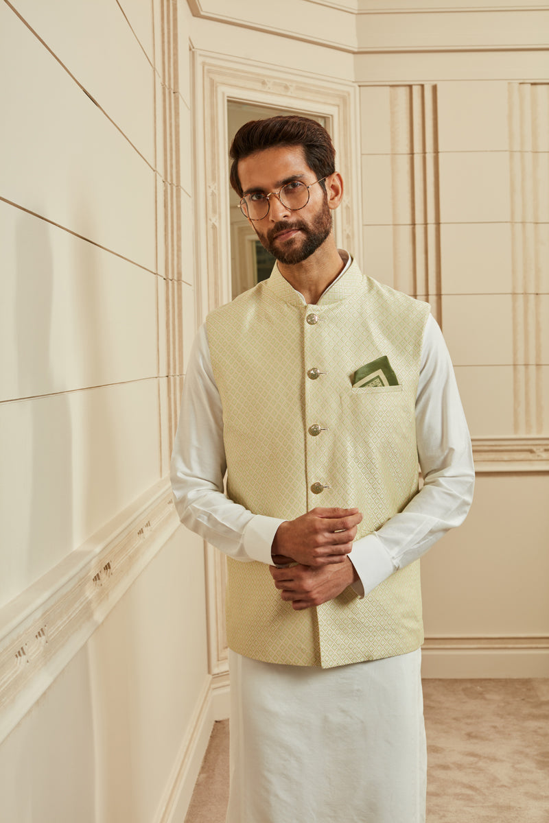 Mint Jacquard Kurta Bundi Set