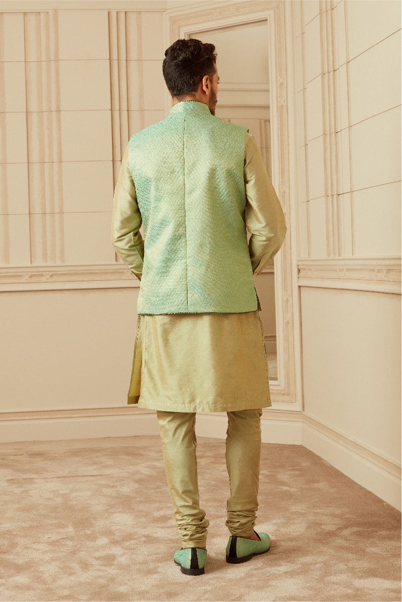 Green Quilted Brocade Kurta Bundi Set
