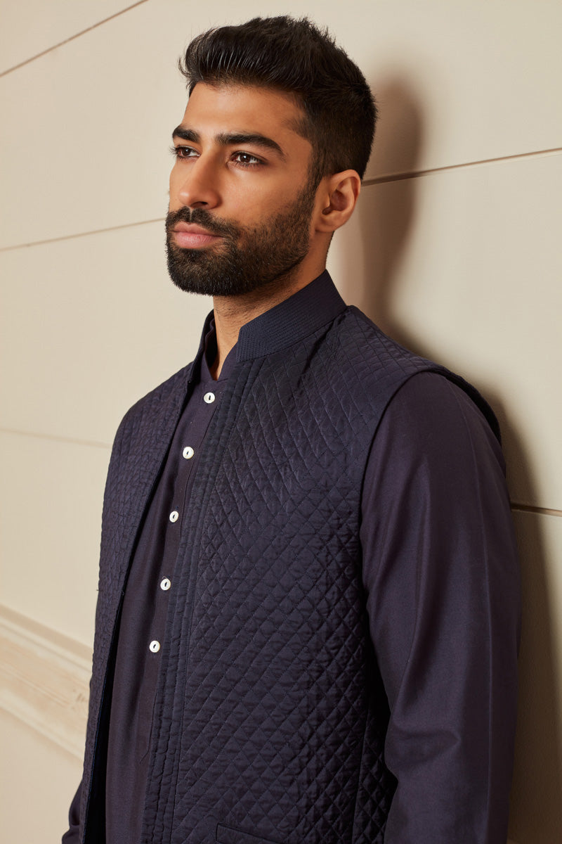 Navy Quilted Kurta Bundi Set