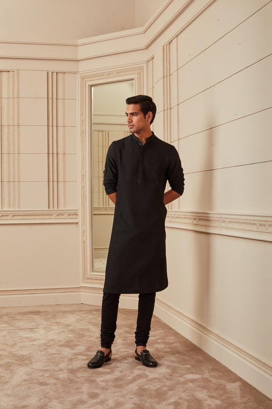 Black All Over Textured Kurta Set