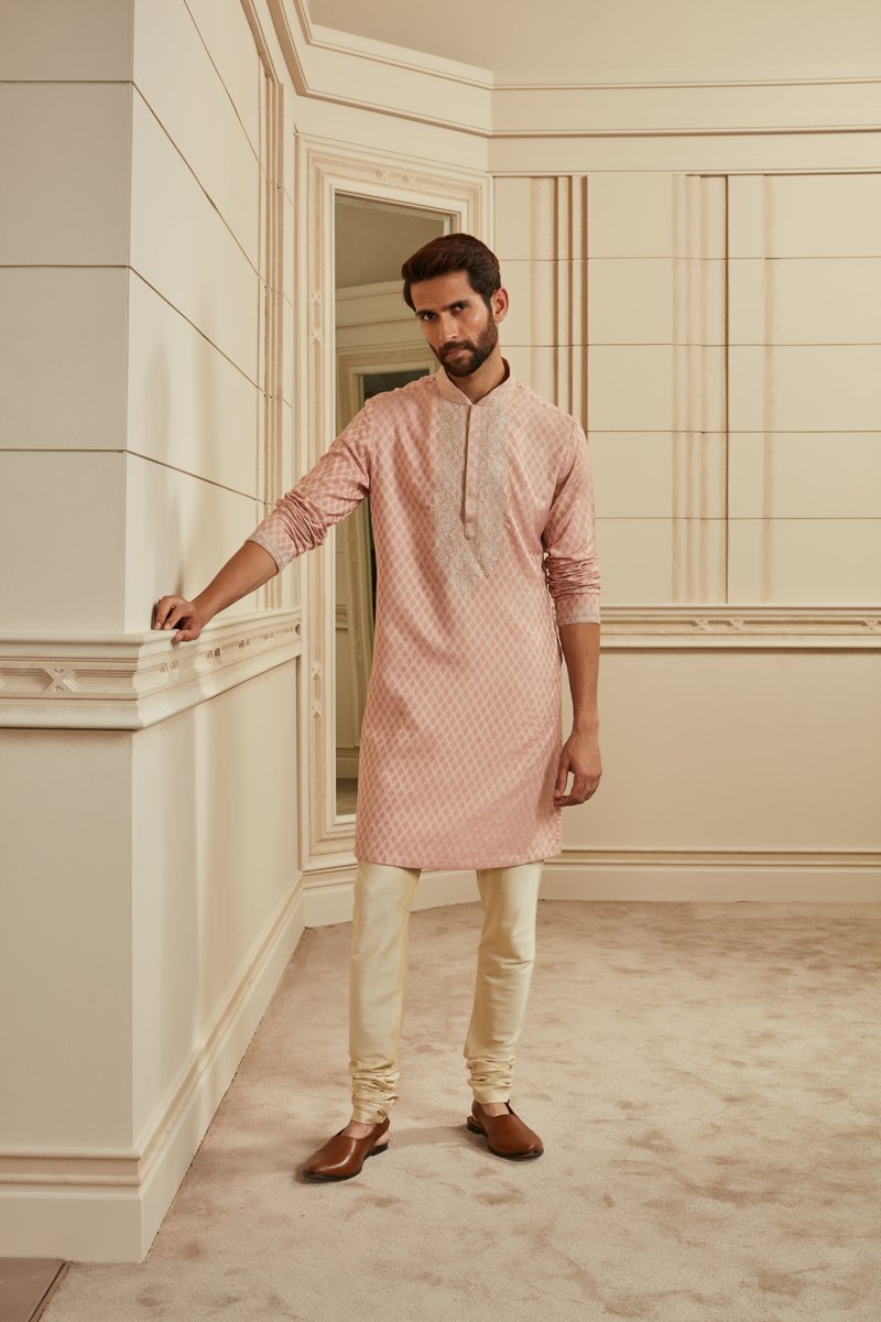 Salmon Textured Jacquard Kurta Set