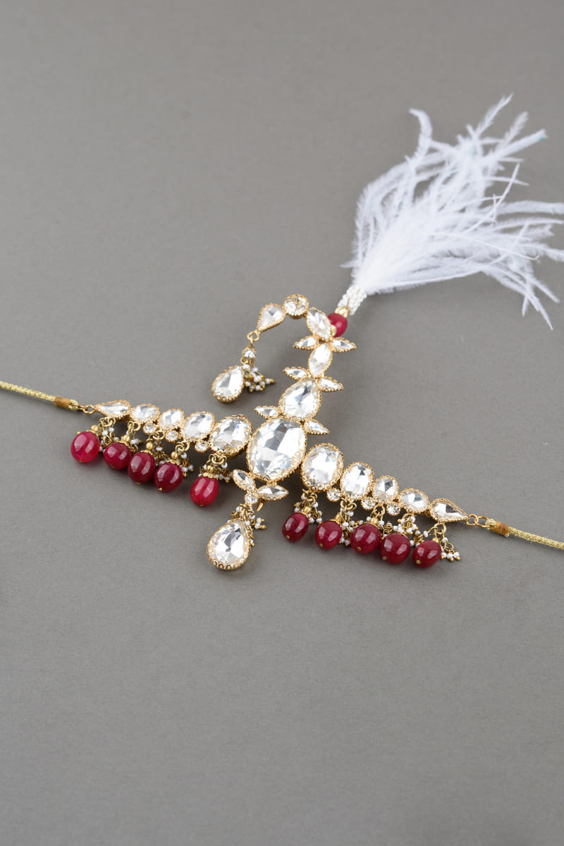 Red Crystal Drop Sarpech With Feather Detailing