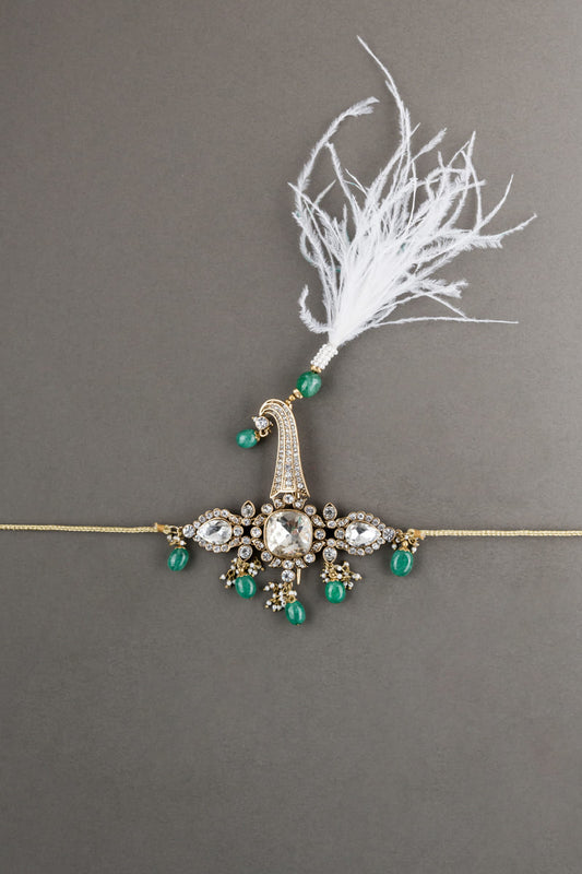 Dark Green Crystal Drop Sarpech With Feather Detailing