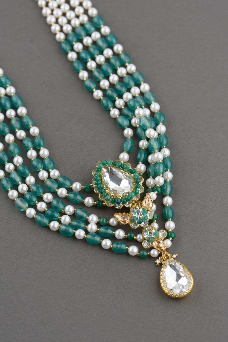 Five Layered Green And White Long Bead Mala