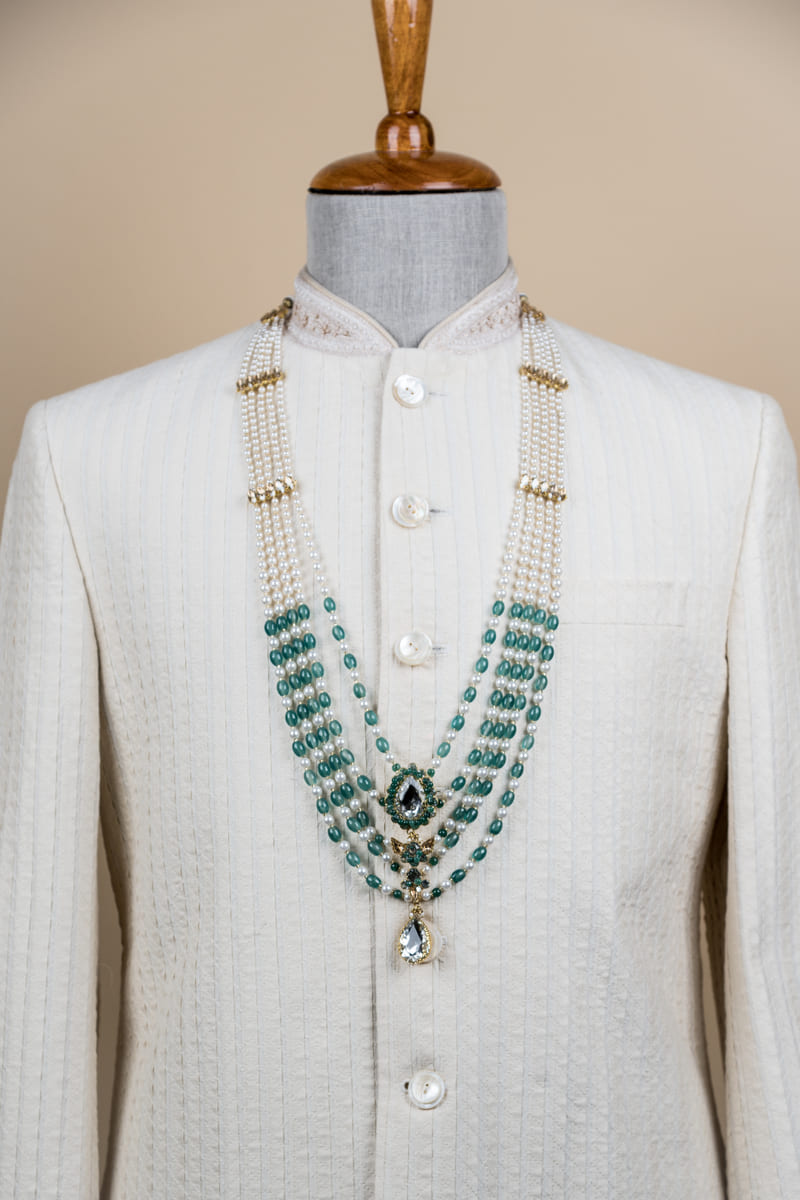 Five Layered Green And White Long Bead Mala