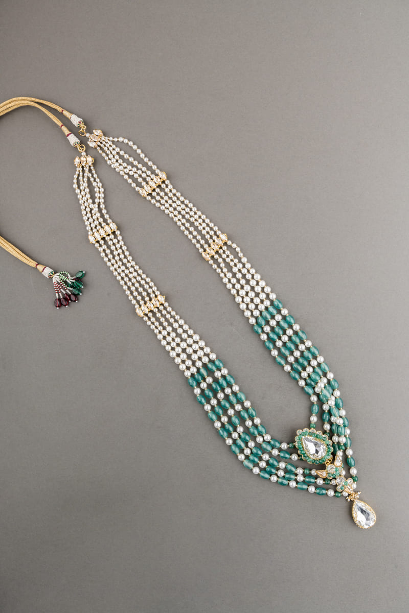 Five Layered Green And White Long Bead Mala
