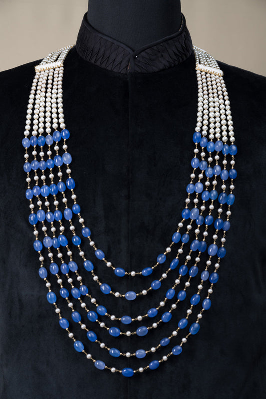 Six Layered Blue & White Pearl Beaded Mala