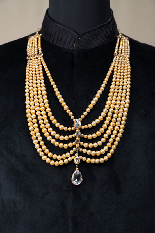 Six Layered Gold Beaded Crystal Drop Mala