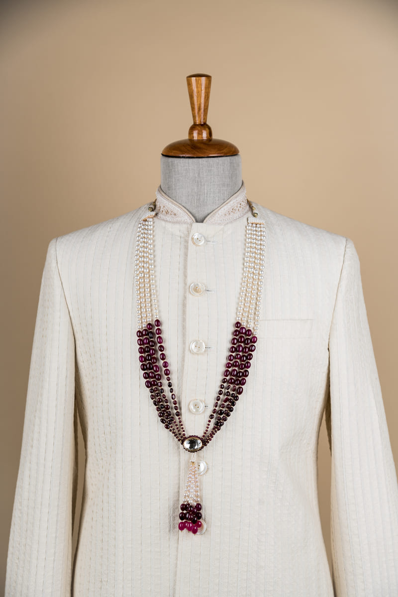 Maroon And White Four Layered Mala