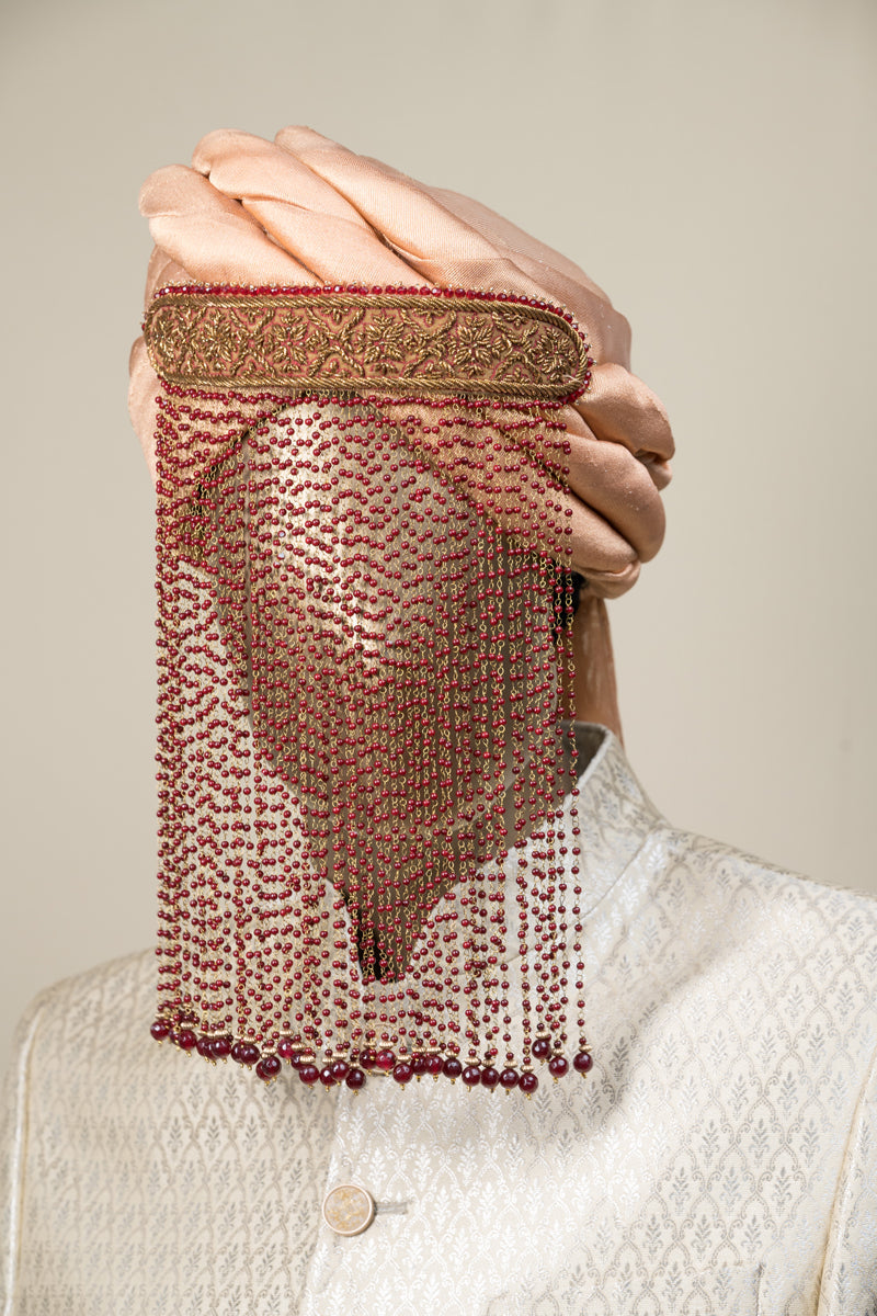 Embroidered Band With Hanging Red  Glass Beads Groom Sehra