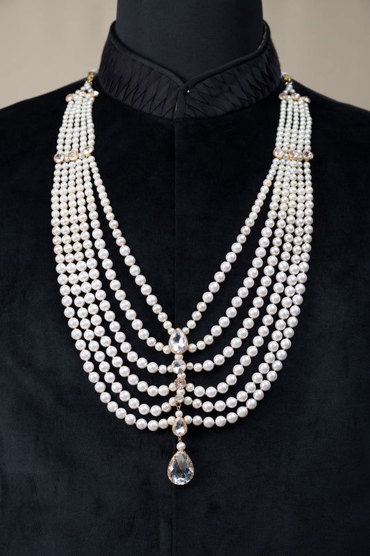 Six Layered White Beaded Crystal Drop Mala