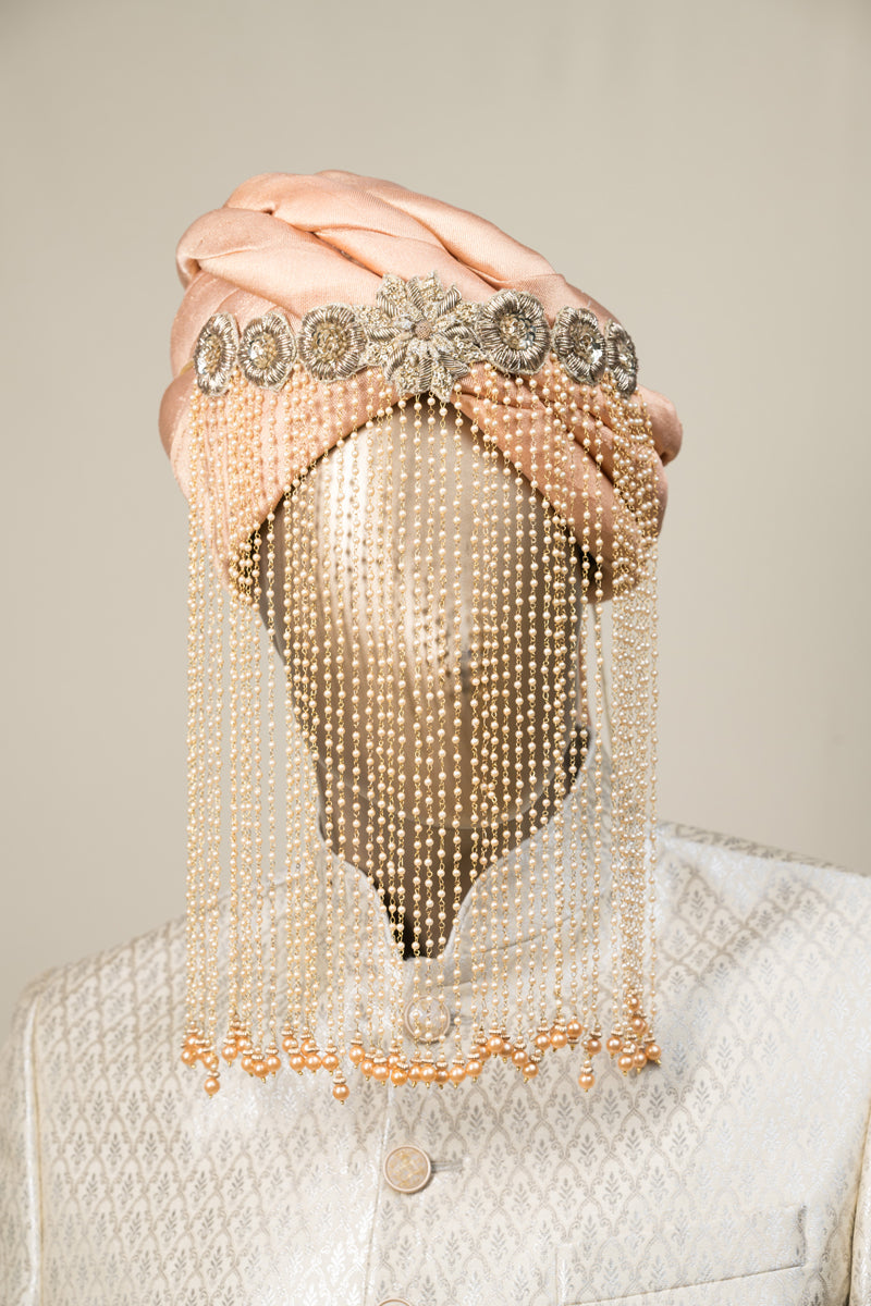 Glamorous Embroidered Band With Hanging Gold Glass Beads Groom Sehra