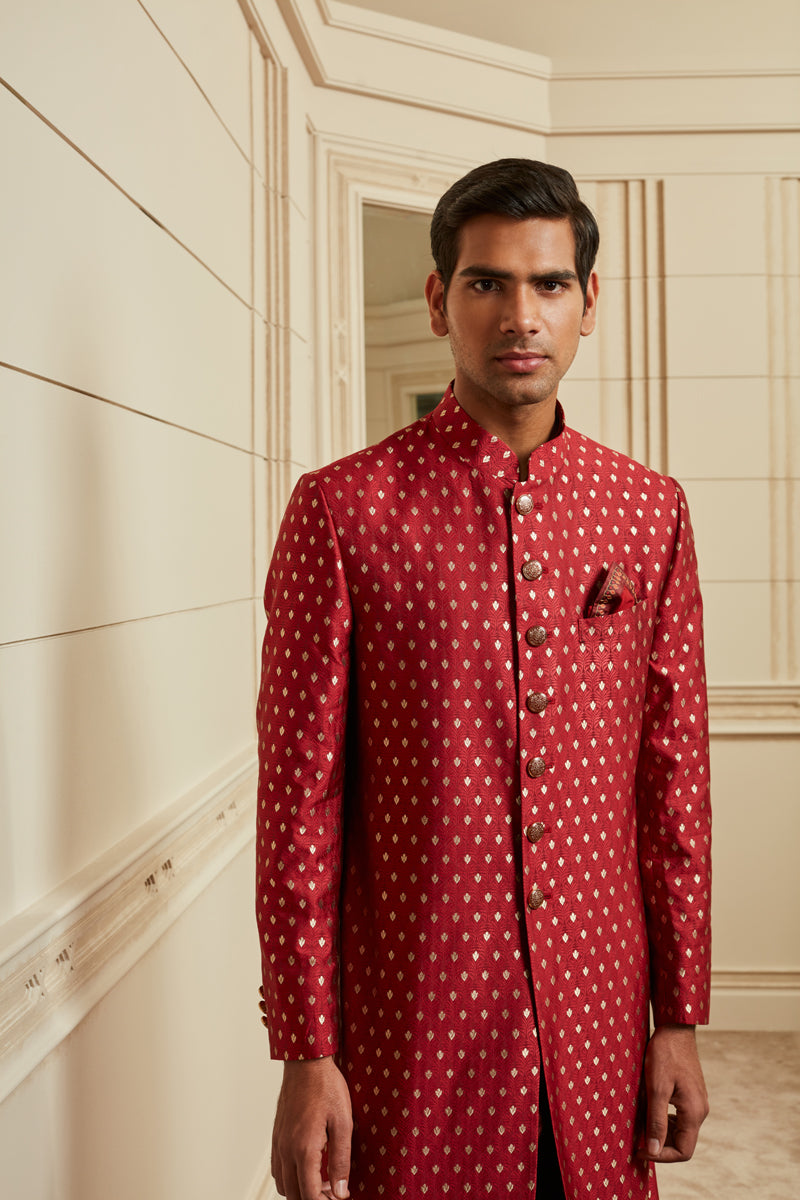Red Tanchoi Brocade Sherwani