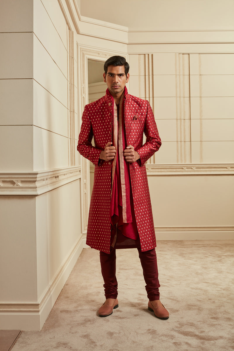 Red Tanchoi Brocade Sherwani