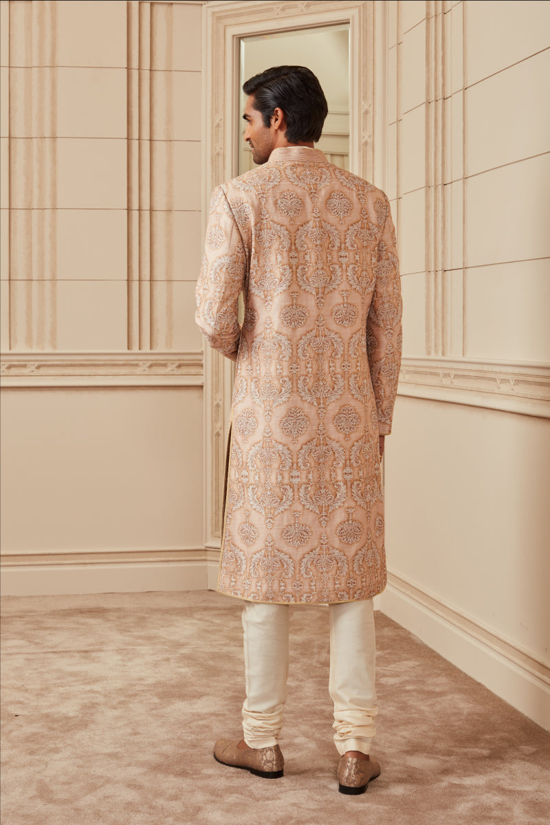 Beige Printed Embroidered Sherwani