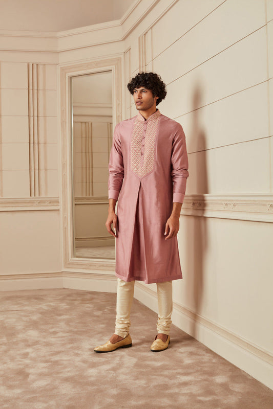 Onion Pink Jacquard Front Pleat Kurta Set
