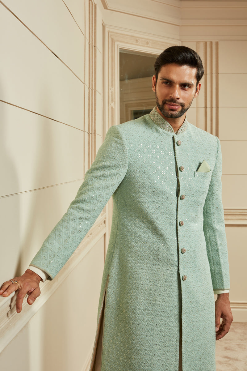 Jade Sequined Georgette Sherwani