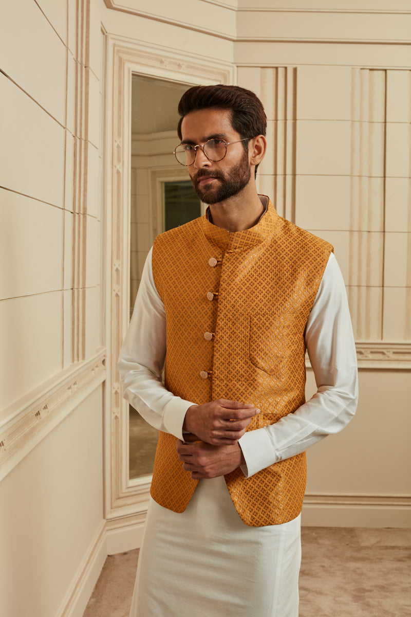 Orange Brocade Kurta Bundi Set