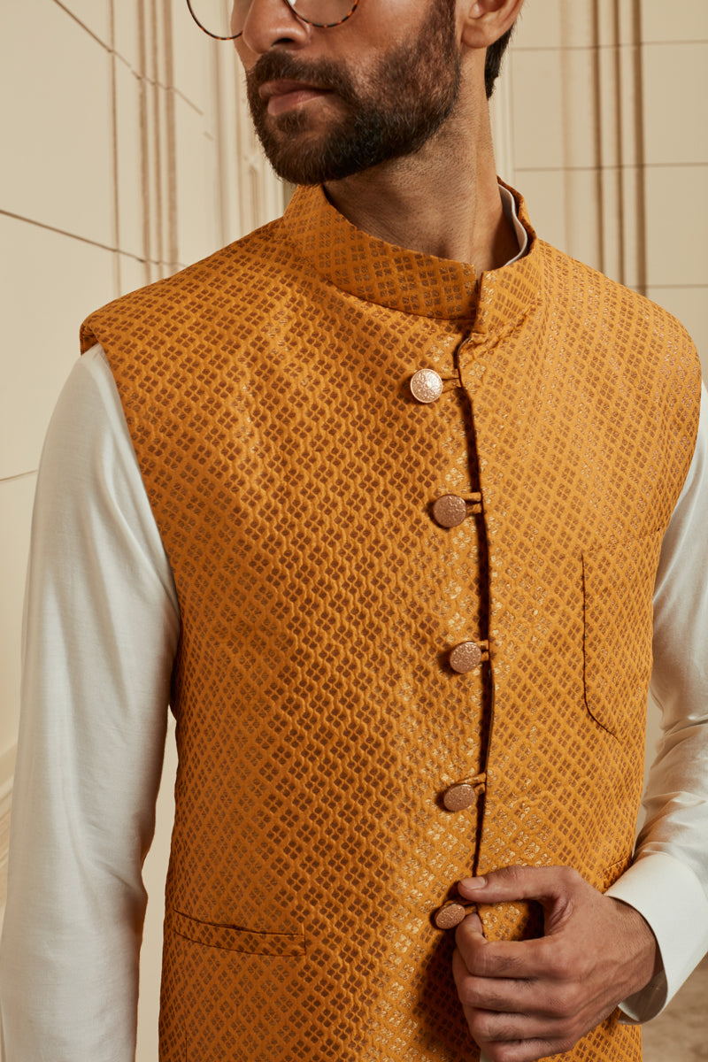 Orange Brocade Kurta Bundi Set
