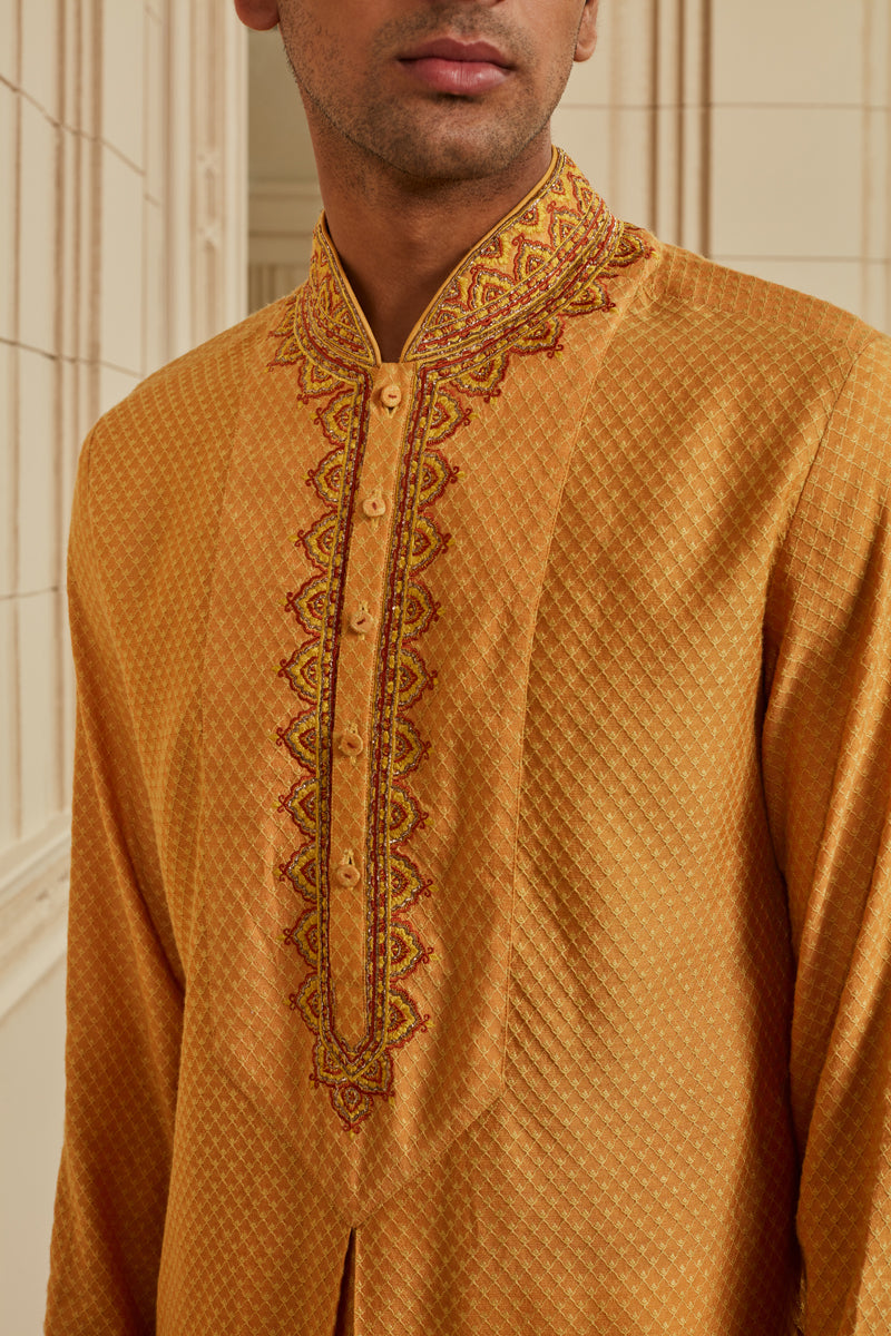 Orange Jacquard Kurta Set