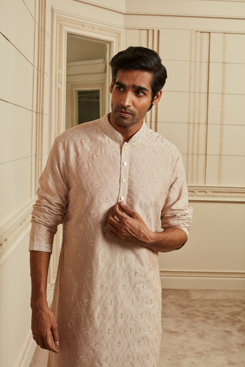 Salmon Thread Embroidery Kurta Set