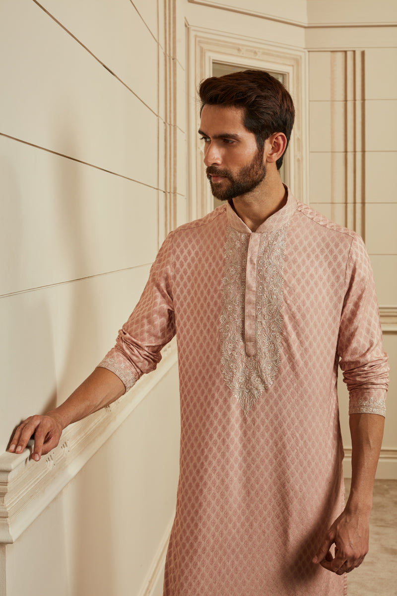 Salmon Textured Jacquard Kurta Set