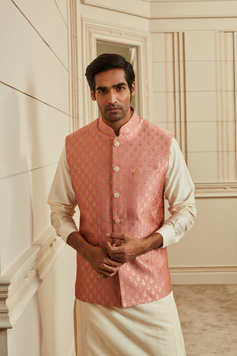 Peach Herringbone Brocade Bundi