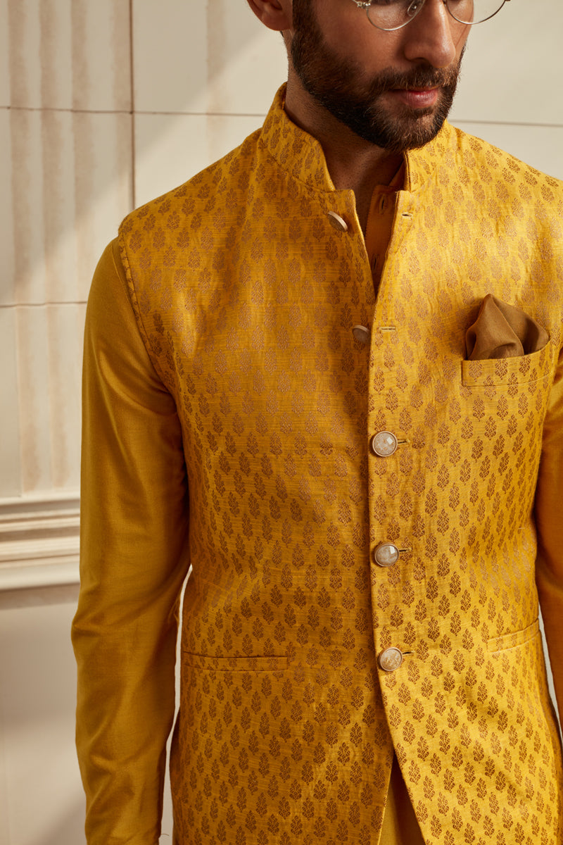 Mustard Brocade Kurta Bundi Set
