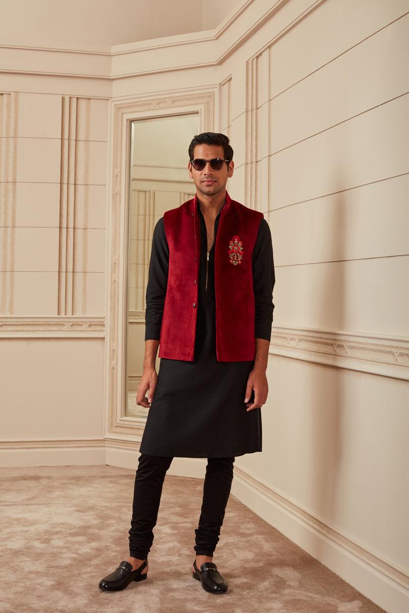 Maroon Velvet Kurta Bundi Set