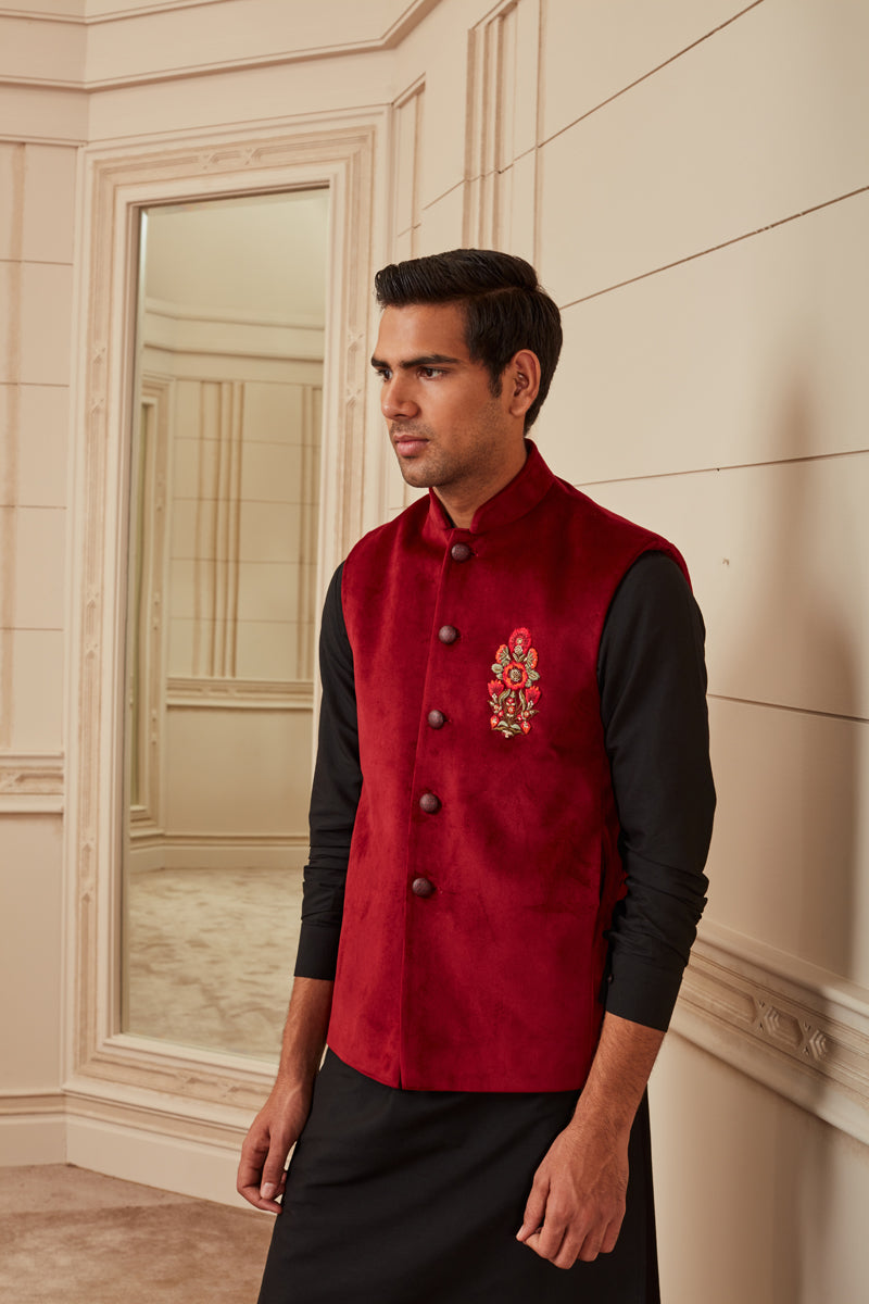 Maroon Velvet Kurta Bundi Set