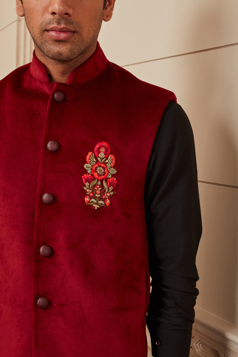 Maroon Velvet Kurta Bundi Set