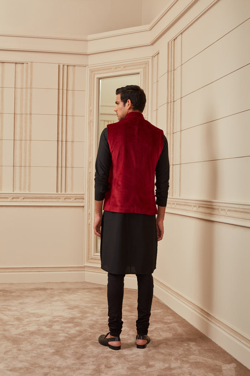 Maroon Velvet Kurta Bundi Set