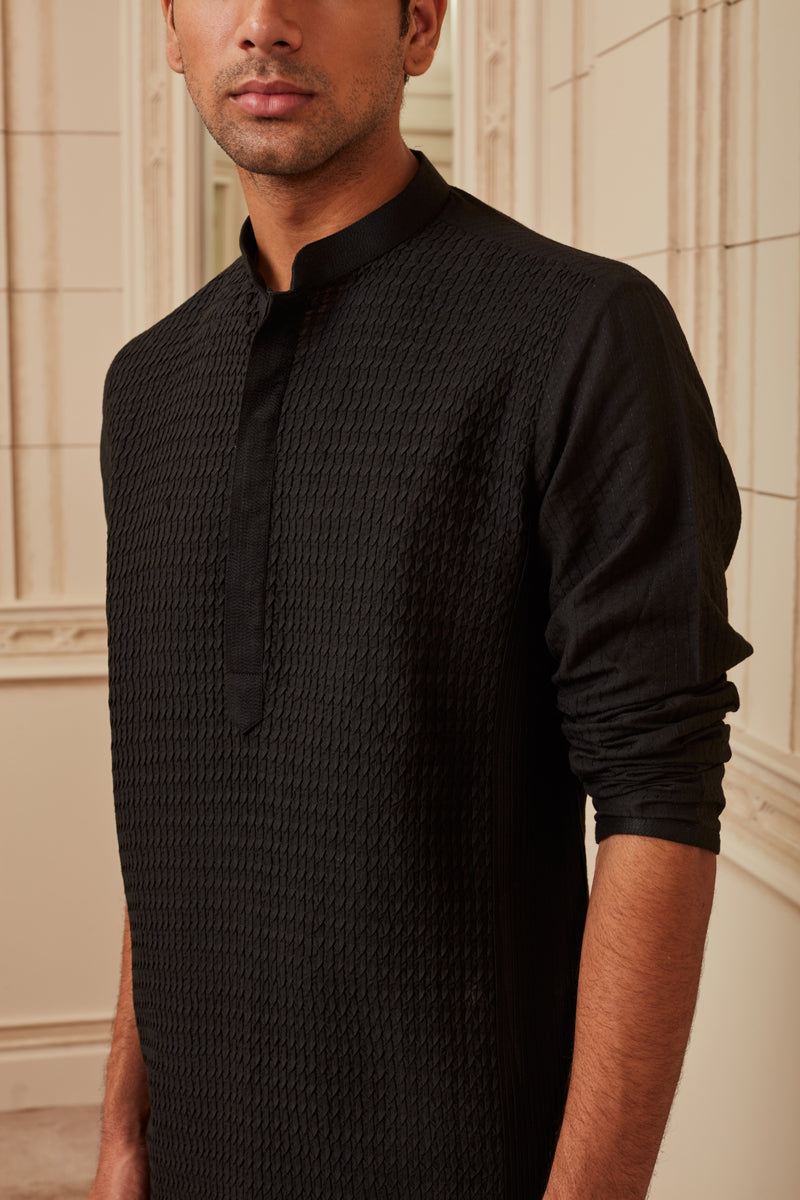 Black All Over Textured Kurta Set