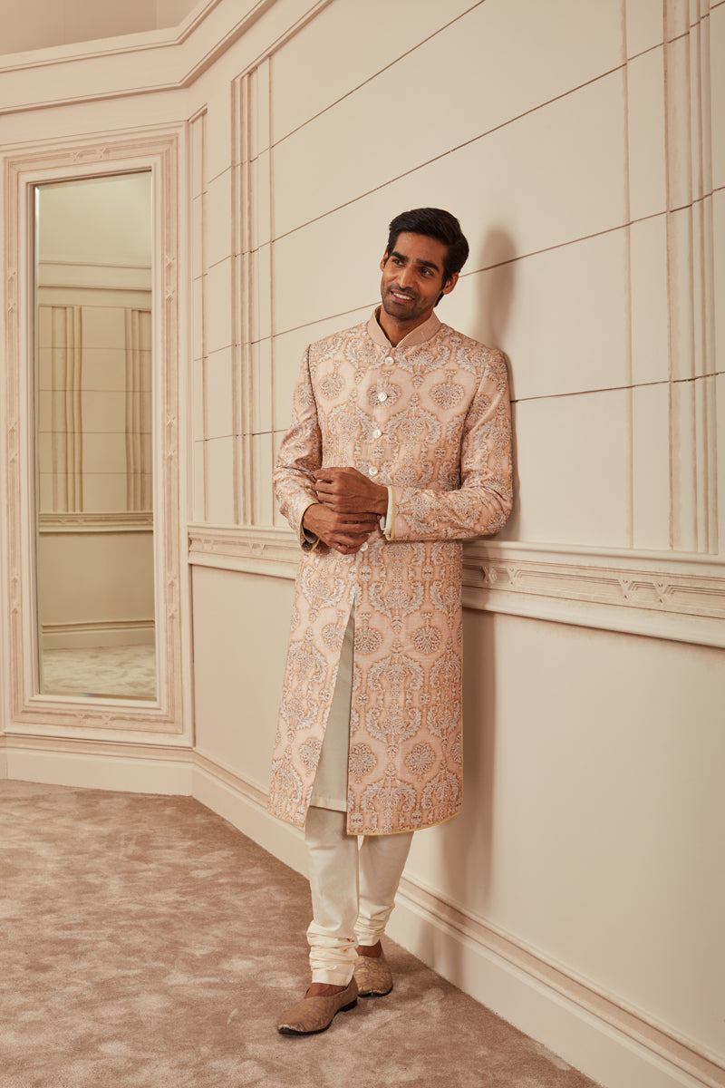 Beige Printed Embroidered Sherwani