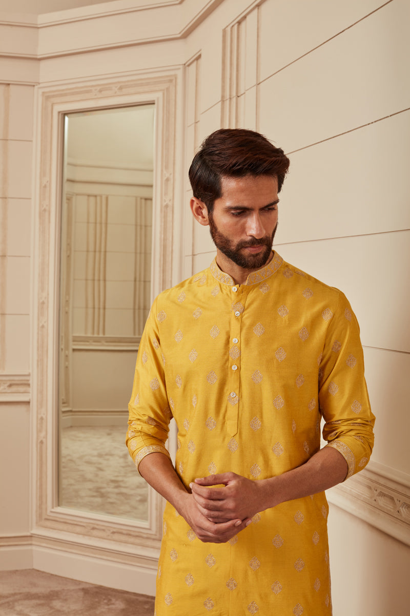 Mustard Butti Jaal Kurta Set