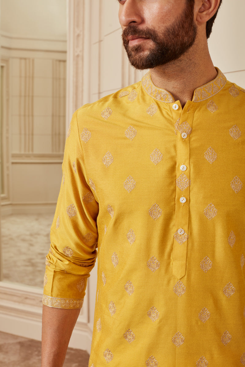 Mustard Butti Jaal Kurta Set